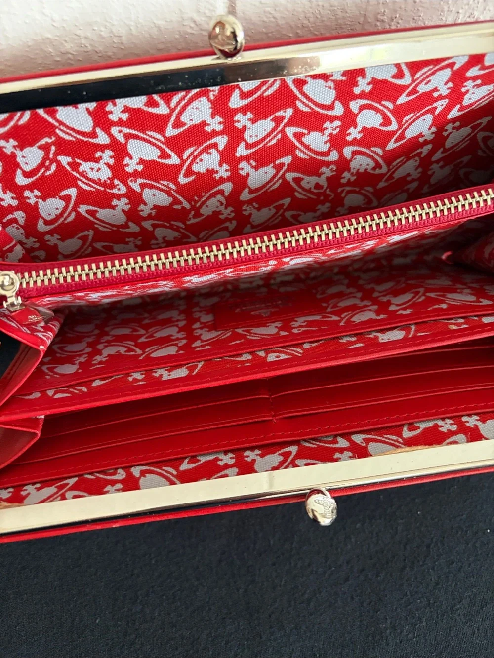 Vivienne Westwood Red Leather Kiss Lock Clutch Wallet with Orb Hardware